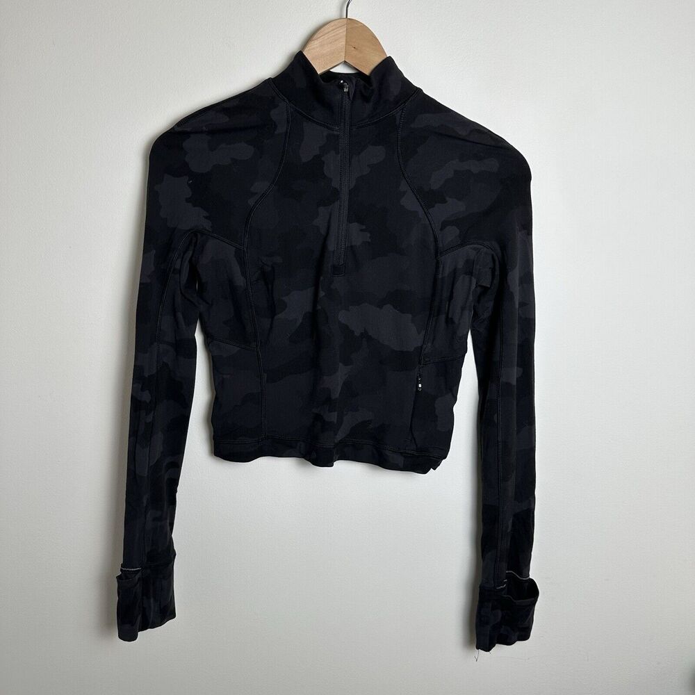 Lululemon Its Rulu Run Cropped Half-Zip Size 4 Camo Deep‎ Coal Multi long sleeve